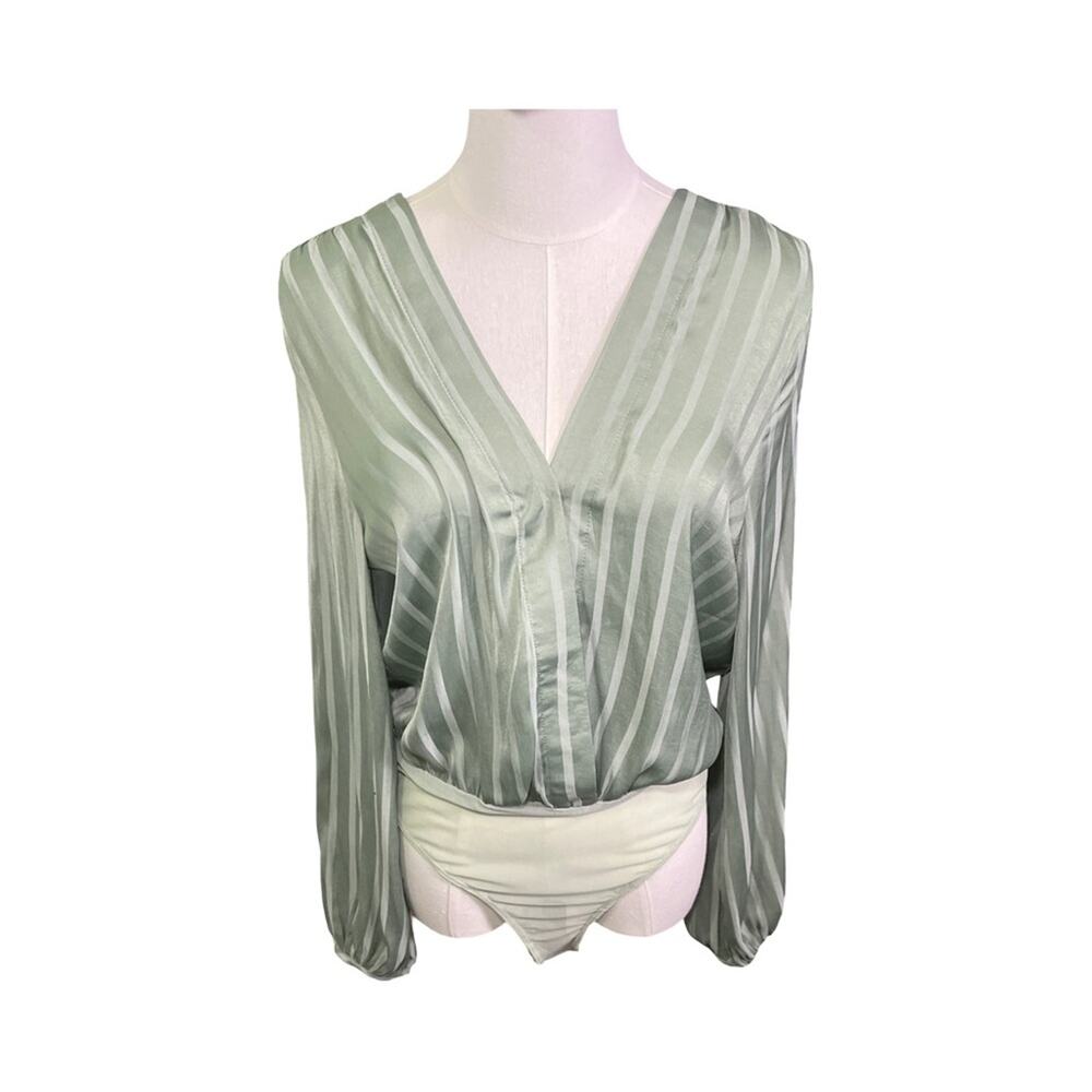 Promesa Sage Green Satin Bodysuit V Neck Balloon Sleeve M Quiet Luxury NWT